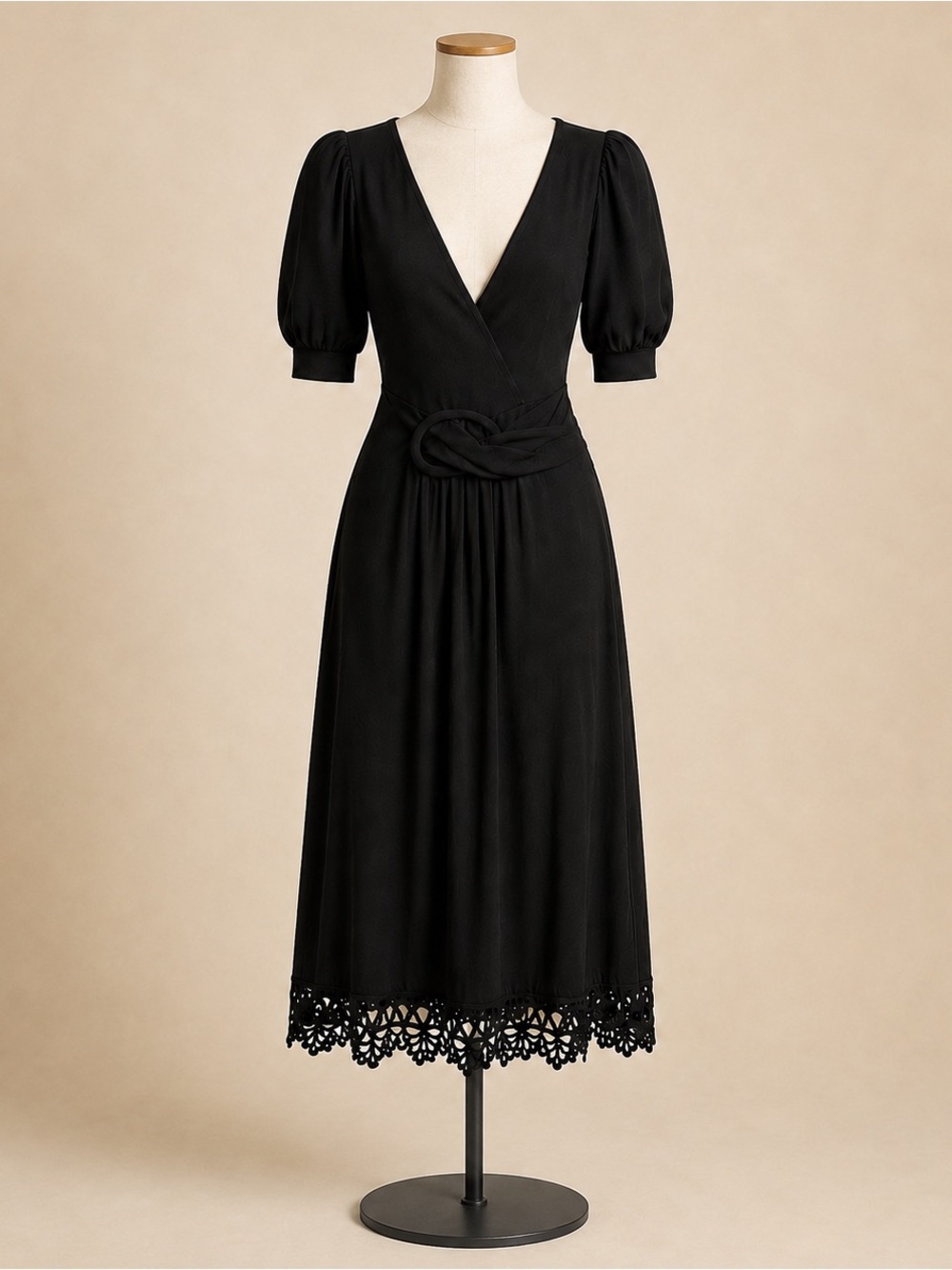 Vintage Nougat London Black Midi Dress with Belted Waist and Lace Hem